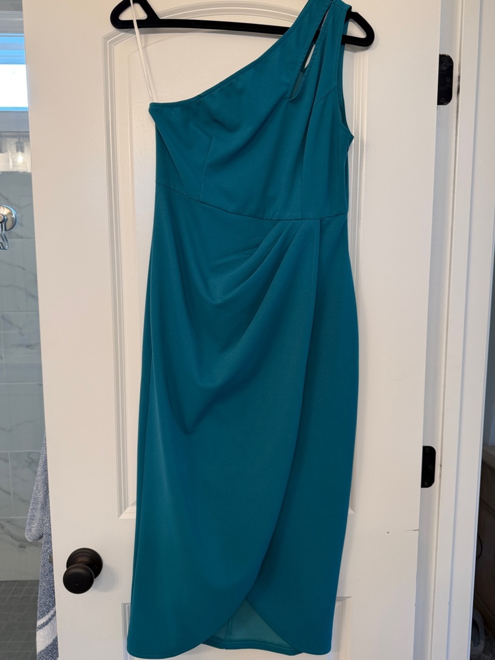 Zalalus Teal One Shoulder Ruched Midi Wedding Guest Dress